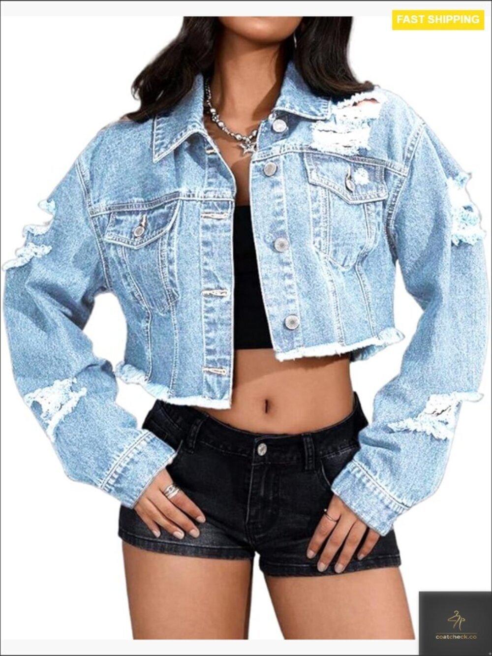 Cropped Denim Jacket Ripped Raw Hem Distressed Casual Y2K Chic Button Down